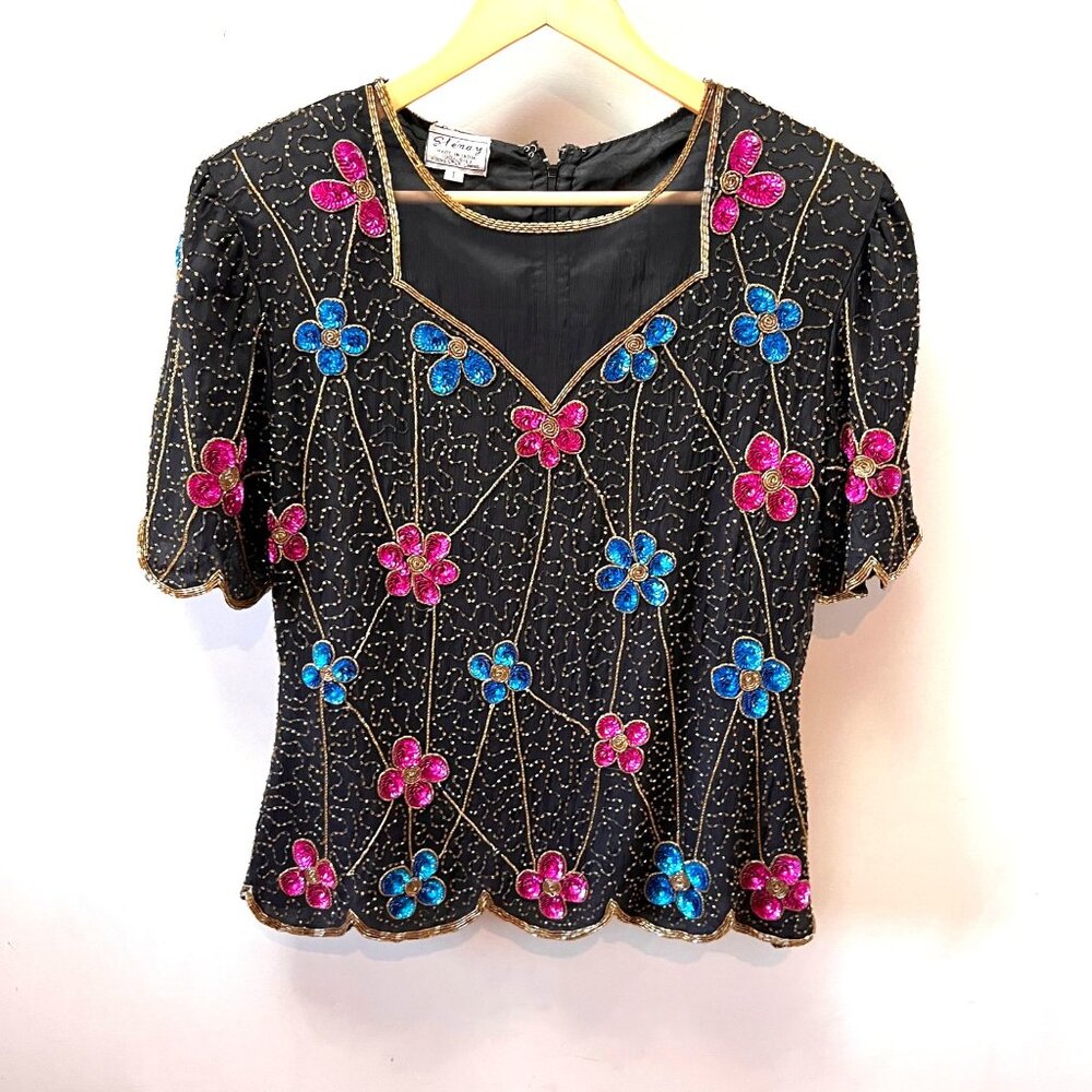Vintage 80's Stenay Black Beaded Silk Sequin Floral Embellished Party Top Sz. L